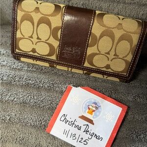 Coach Signature checkbook wallet in brown canvas and leather